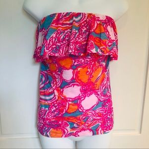 Lilly Pulitzer Hot Pink Wiley Tube Top Strapless Ruffle top- Feeling Tanked S